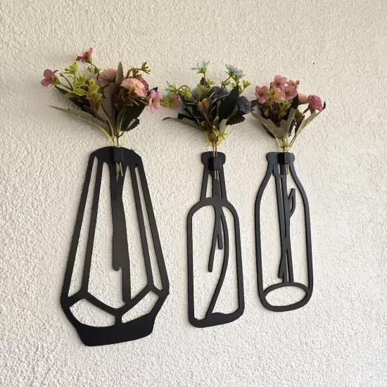 Karanfil Çiçekli Dekoratif Tablo 3 lü Set - Siyah