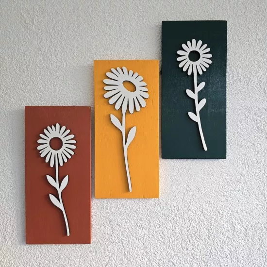 Üç Parçalı Çiçekli Duvar Dekoru 30x14cm