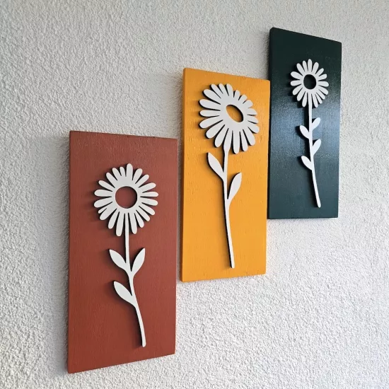 Üç Parçalı Çiçekli Duvar Dekoru 30x14cm