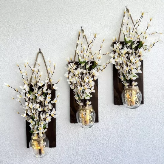 Led Işıklı, Beyaz Sakura Çiçekli Duvar Dekoru ÜÇLÜ