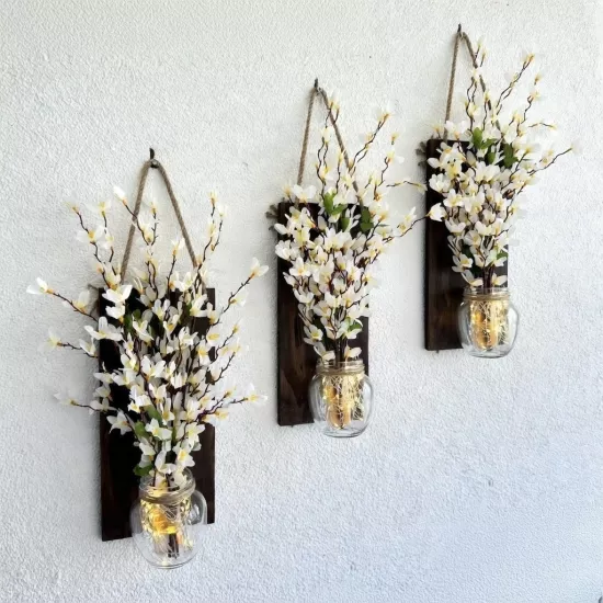 Led Işıklı, Beyaz Sakura Çiçekli Duvar Dekoru ÜÇLÜ