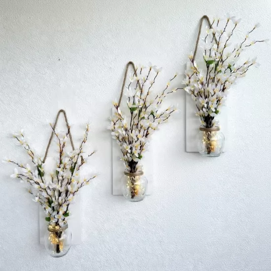 Led Işıklı, Beyaz Sakura Çiçekli Duvar Dekoru ÜÇLÜ