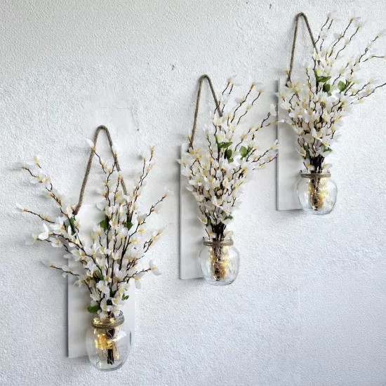 Led Işıklı, Beyaz Sakura Çiçekli Duvar Dekoru ÜÇLÜ