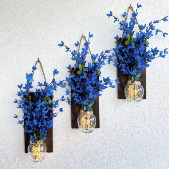 Led Işıklı, Mavi Sakura Çiçekli Duvar Dekoru ÜÇLÜ