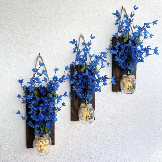 Led Işıklı, Mavi Sakura Çiçekli Duvar Dekoru ÜÇLÜ