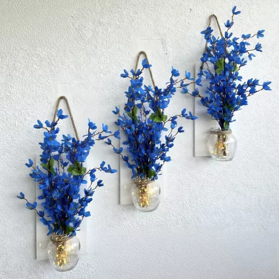 Led Işıklı, Mavi Sakura Çiçekli Duvar Dekoru ÜÇLÜ