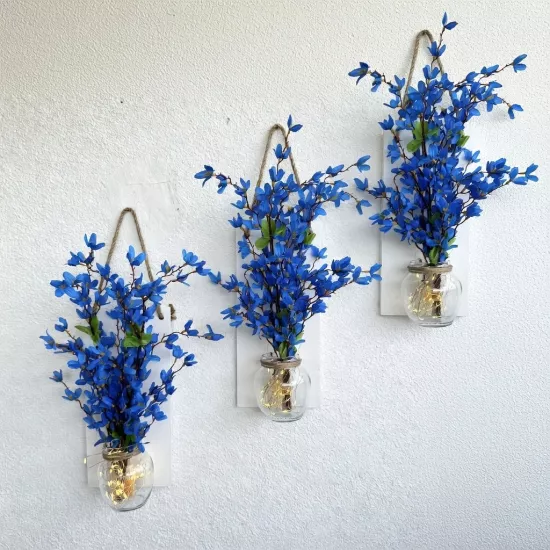 Led Işıklı, Mavi Sakura Çiçekli Duvar Dekoru ÜÇLÜ