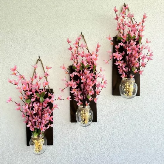 Led Işıklı, Pembe Sakura Çiçekli Duvar Dekoru ÜÇLÜ