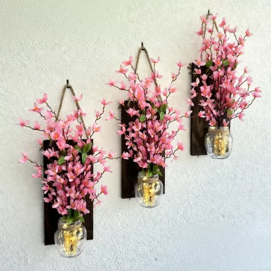 Led Işıklı, Pembe Sakura Çiçekli Duvar Dekoru ÜÇLÜ