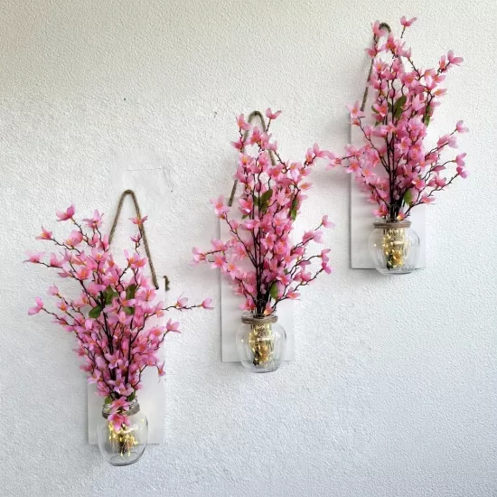 Led Işıklı, Pembe Sakura Çiçekli Duvar Dekoru ÜÇLÜ