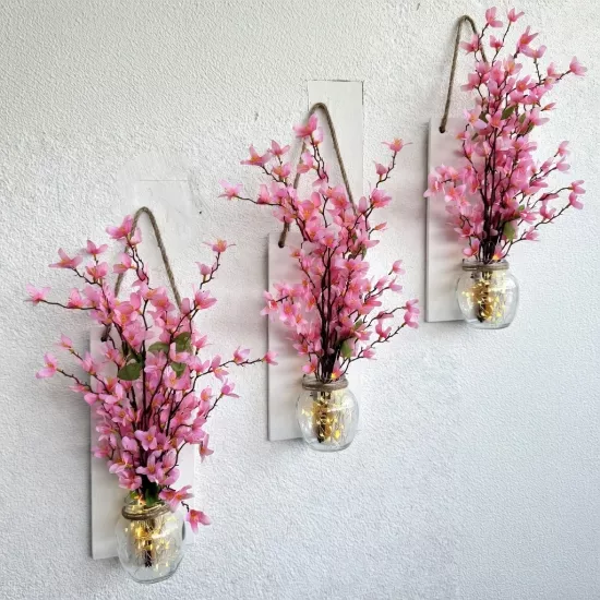 Led Işıklı, Pembe Sakura Çiçekli Duvar Dekoru ÜÇLÜ