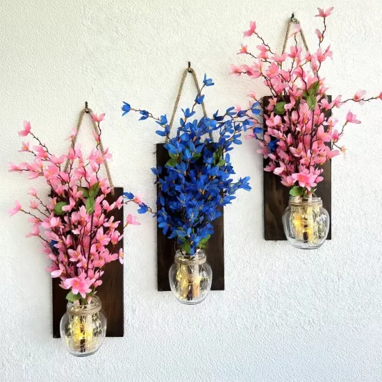 Led Işıklı, Pembe ve Mavi Sakura Duvar Dekoru ÜÇLÜ