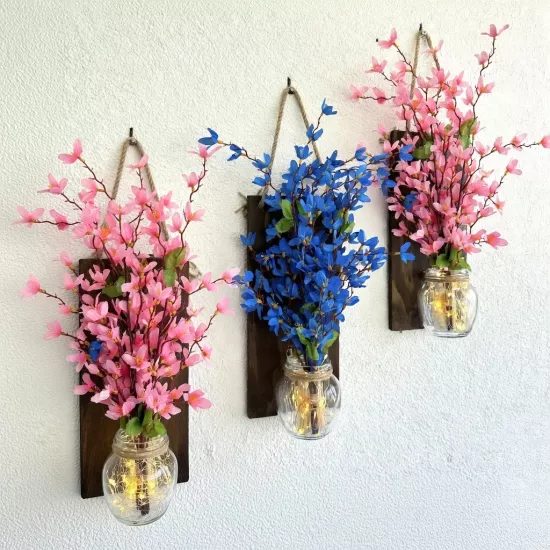 Led Işıklı, Pembe ve Mavi Sakura Duvar Dekoru ÜÇLÜ