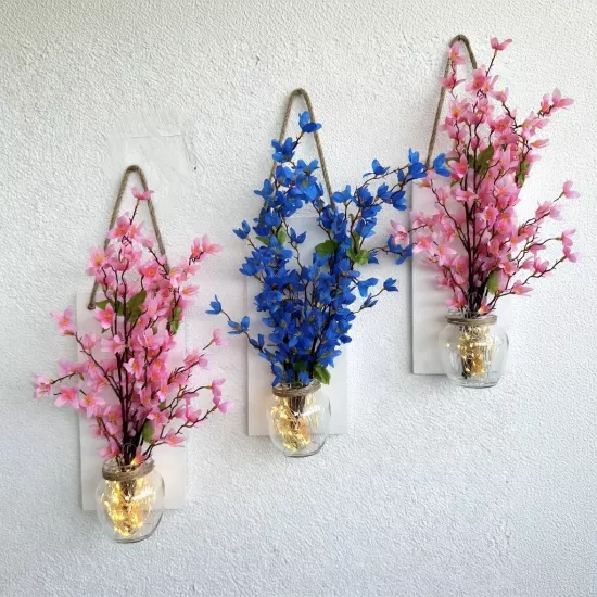 Led Işıklı, Pembe ve Mavi Sakura Duvar Dekoru ÜÇLÜ