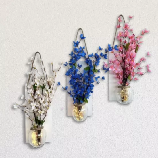 Led Işıklı, Beyaz, Pembe ve Mavi Sakura Dekor ÜÇLÜ