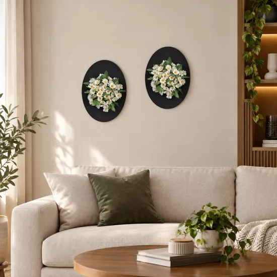 Beyaz Papatya Çiçekli Oval Duvar Dekoru 2 li Set