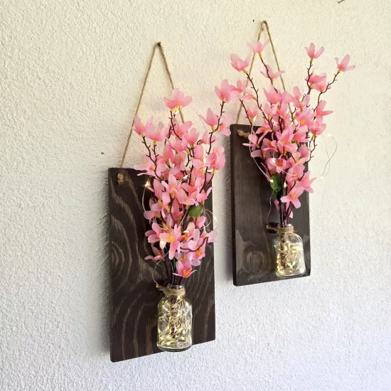 Pembe Sakura Çiçekli ve Led Işıklı Duvar Dekoru