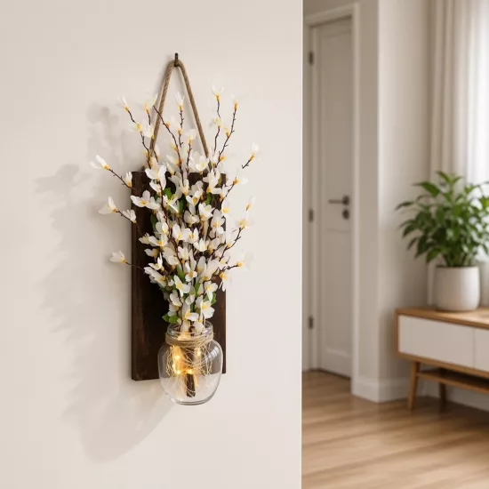 Led Işıklı, Beyaz Sakura Çiçekli Duvar Dekoru 