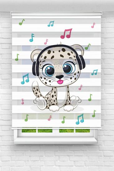 Müzik Dinleyen Kedi - Çocuk Ve Bebek Odası Baskılı Zebra Stor Perde