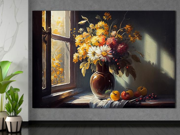 Pencere Önündeki Çiçekler -  Laminasyonlu Kanvas Tablo