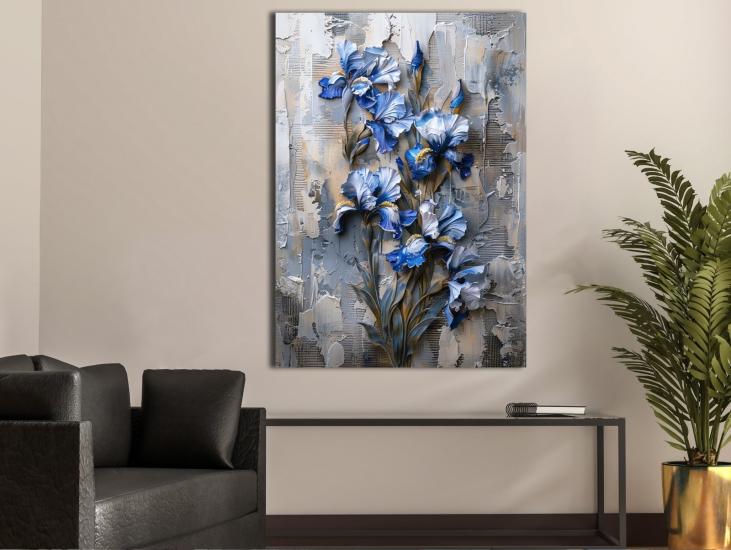 Mavi Çiçekler - Yağlı Boya Efektli, Laminasyonlu Kanvas Tablo