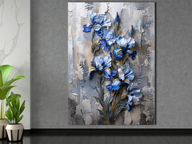 Mavi Çiçekler -  Laminasyonlu Kanvas Tablo