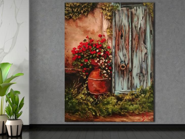 Kapı Önündeki Çiçekler -  Laminasyonlu Kanvas Tablo