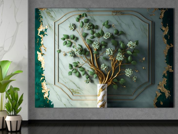 Yeşil Çiçekler -Sim İşlemeli Kanvas Tablo