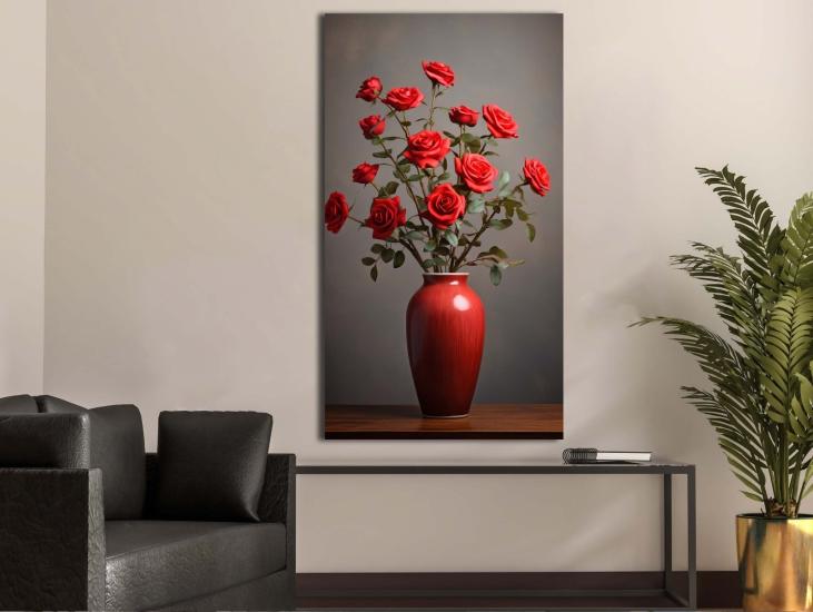 Vazodaki Kırmızı Güller - Yağlı Boya Efektli Tablo