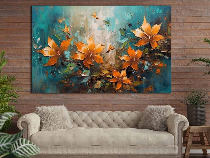 Turuncu Çiçekler -  Laminasyonlu Kanvas Tablo