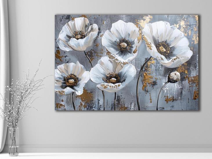 Beyaz Gelincik - Sim İşlemeli Kanvas Tablo