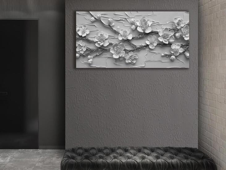 Gümüş Çiçekler - Sim İşlemeli Kanvas Tablo