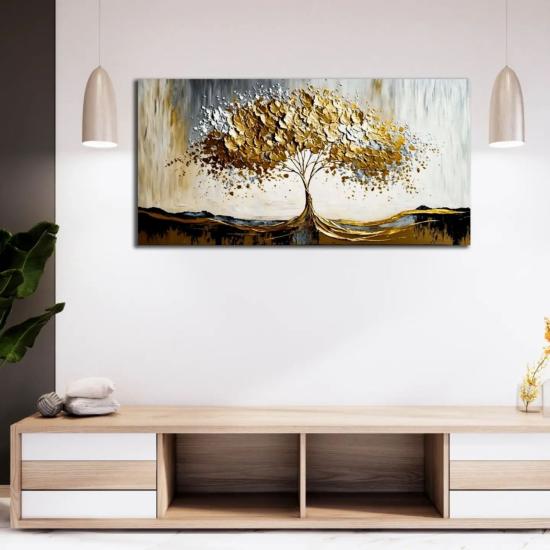 Altın Yapraklar - Sim İşlemeli Kanvas Tablo