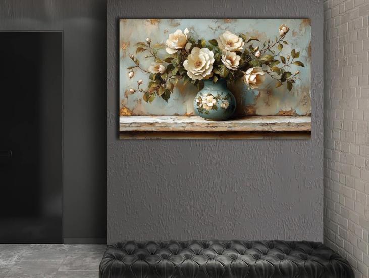 Vazodaki Çiçekler - Sim İşlemeli Kanvas Tablo