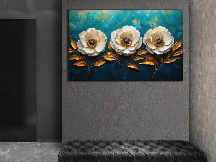 Beyaz Çiçekler - Sim İşlemeli Kanvas Tablo