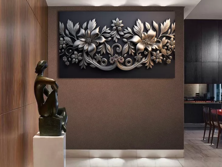 Gümüş Çiçekler - Sim İşlemeli Kanvas Tablo