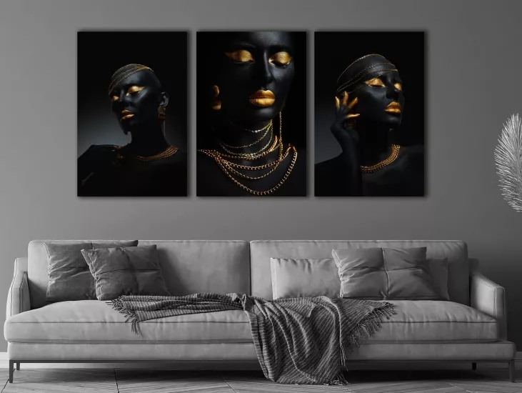 Siyahi Güzel - Sim İşlemeli Kanvas Tablo 3 lü Set