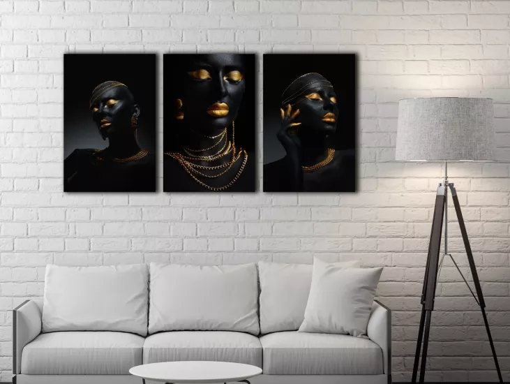 Siyahi Güzel - Sim İşlemeli Kanvas Tablo 3 lü Set