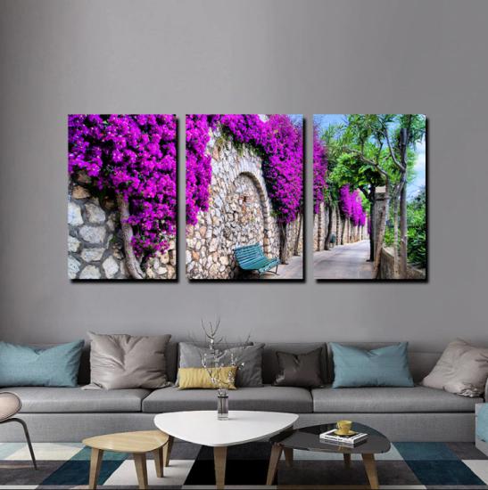 Çiçekli Sokak - Laminasyonlu Kanvas Tablo 3 lü Set