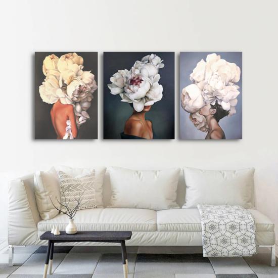 Çiçek Kadın - Laminasyonlu Kanvas Tablo 3 lü Set