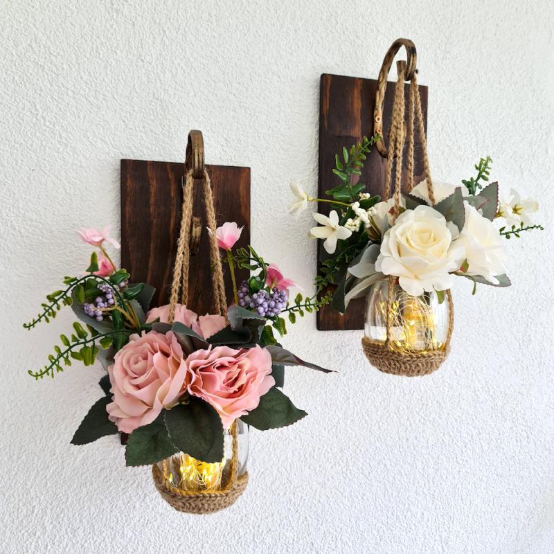Beyaz ve Pudra Pembe Gül Çiçekli, Led Işıklı, Ceviz Aplik, 2 li Set