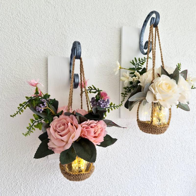 Beyaz ve Pudra Pembe Gül Çiçekli, Led Işıklı, Beyaz Aplik, 2 li Set
