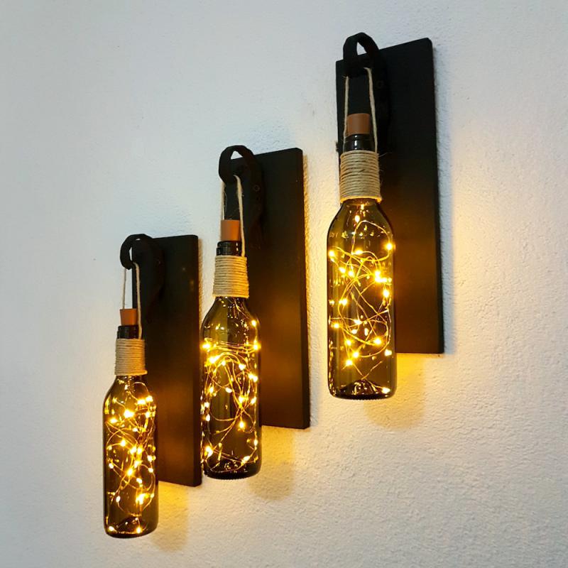 Retro Yeşil Şişeli Led Işıklı, Mat Siyah Aplik, 3 lü Set