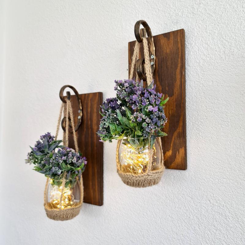 Duvar Dekoru, Mor Çiçekli, Led Işıklı Ceviz İkili Set