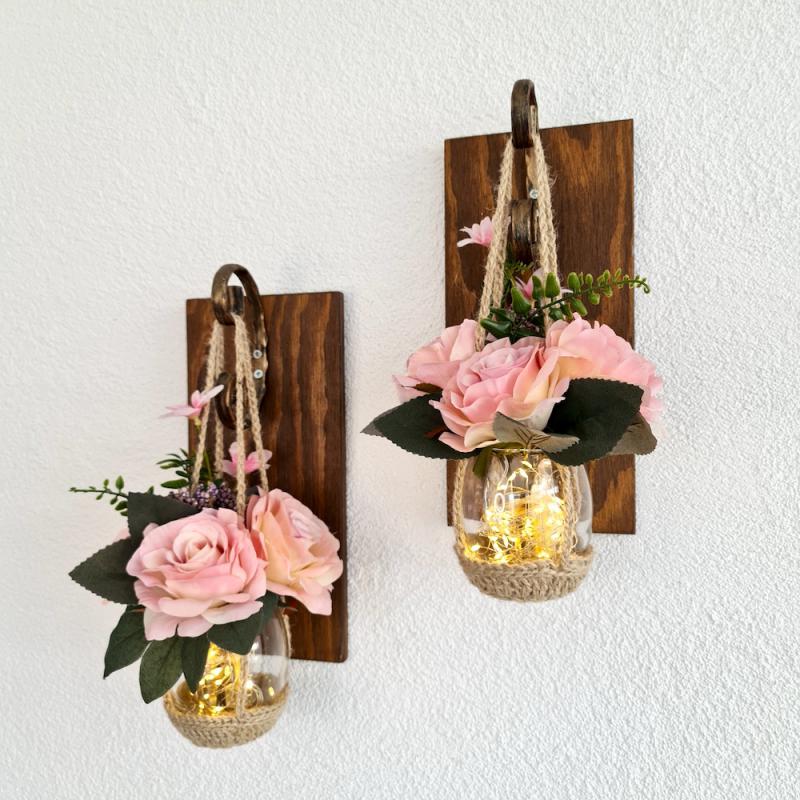 Duvar%20Dekoru,%20Led%20Işıklı%20Pembe%20Gül%20Yapay%20Çiçekli%20Aplik,%20Ceviz%20İkili%20Set
