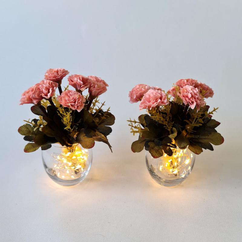 Cam Vazo Led Işıklı Pembe Karanfil Yapay Çiçekli İkili Set
