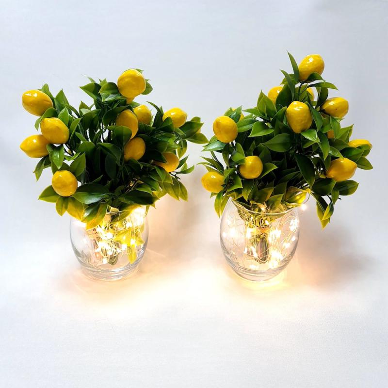 Cam Vazo Led Işıklı Limon Yapay Çiçekli İkili Set