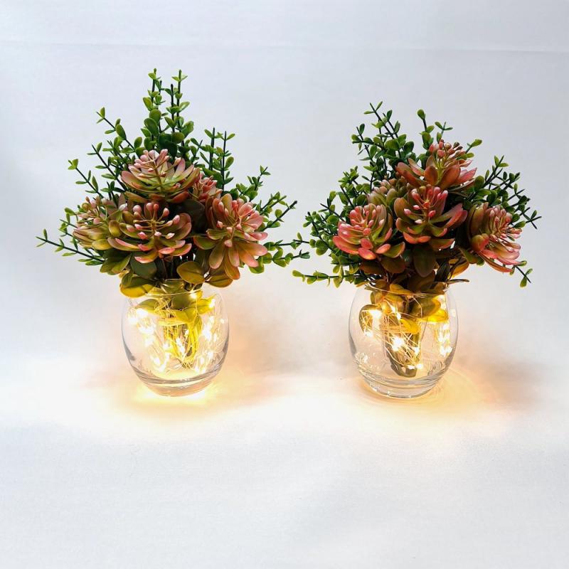 Cam Vazo Led Işıklı Pembe Sukulent Yapay Çiçekli İkili Set