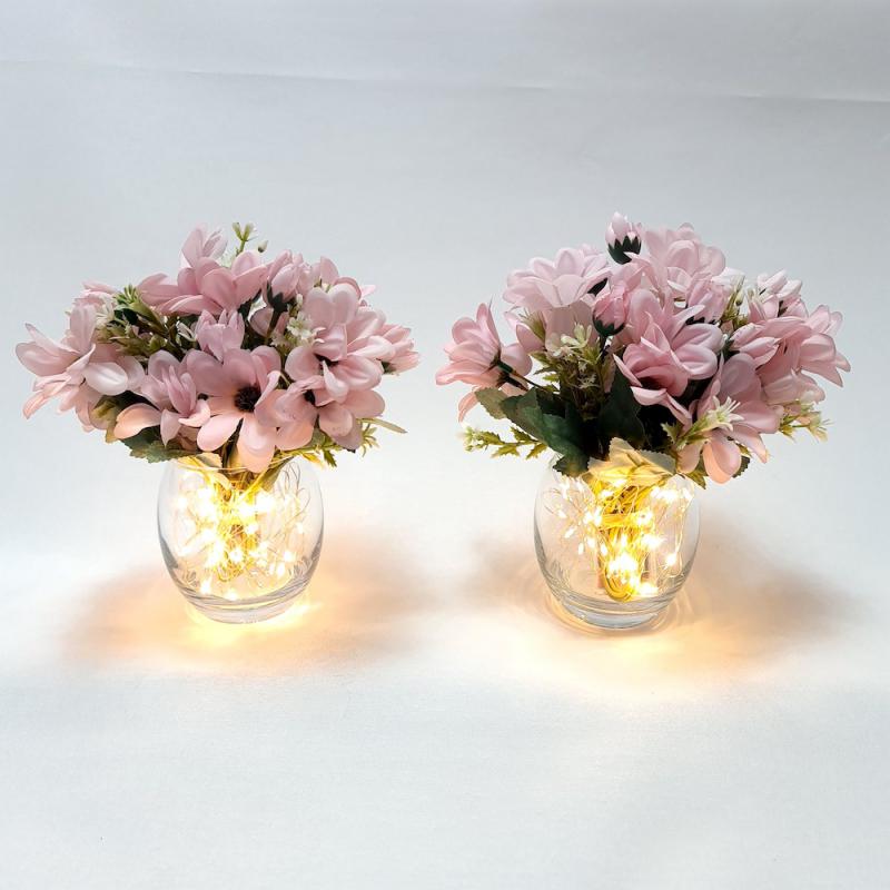 Cam Vazo Led Işıklı Açık Pembe Biçme Yapay Çiçekli İkili Set