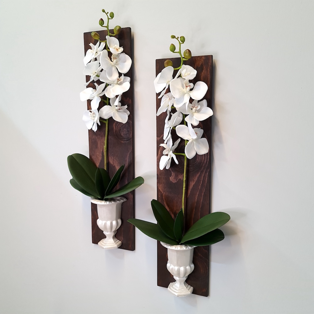 Orkide Çiçekli Duvar Dekoru, Ceviz İkili Set